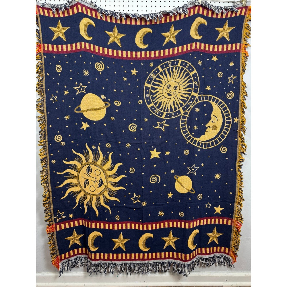 Vtg Whimsygoth Celestial Sun Moon Zodiac Woven Throw Blanket USA